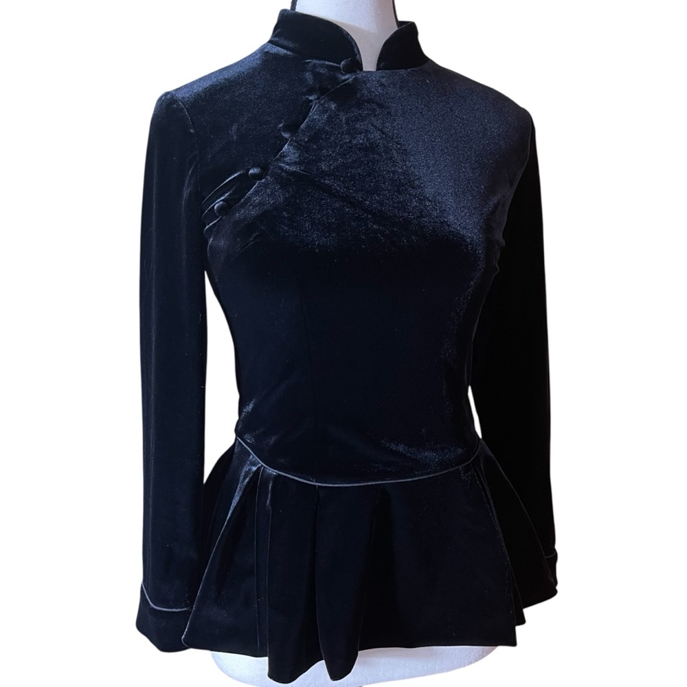 S Black Velvet Mandarin Collar Peplum Top Asian Inspired Back Zip - Picture 2 of 12
